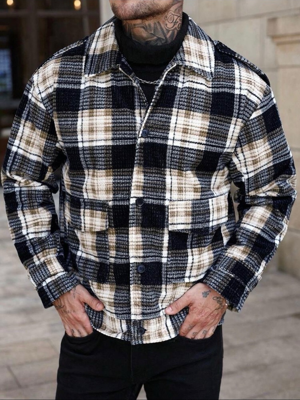 Plaid Lightweight Shacket in Black & Tan